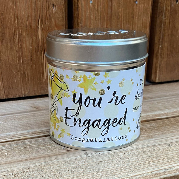 Tin candle with added sparkles and sentiment You're Engaged