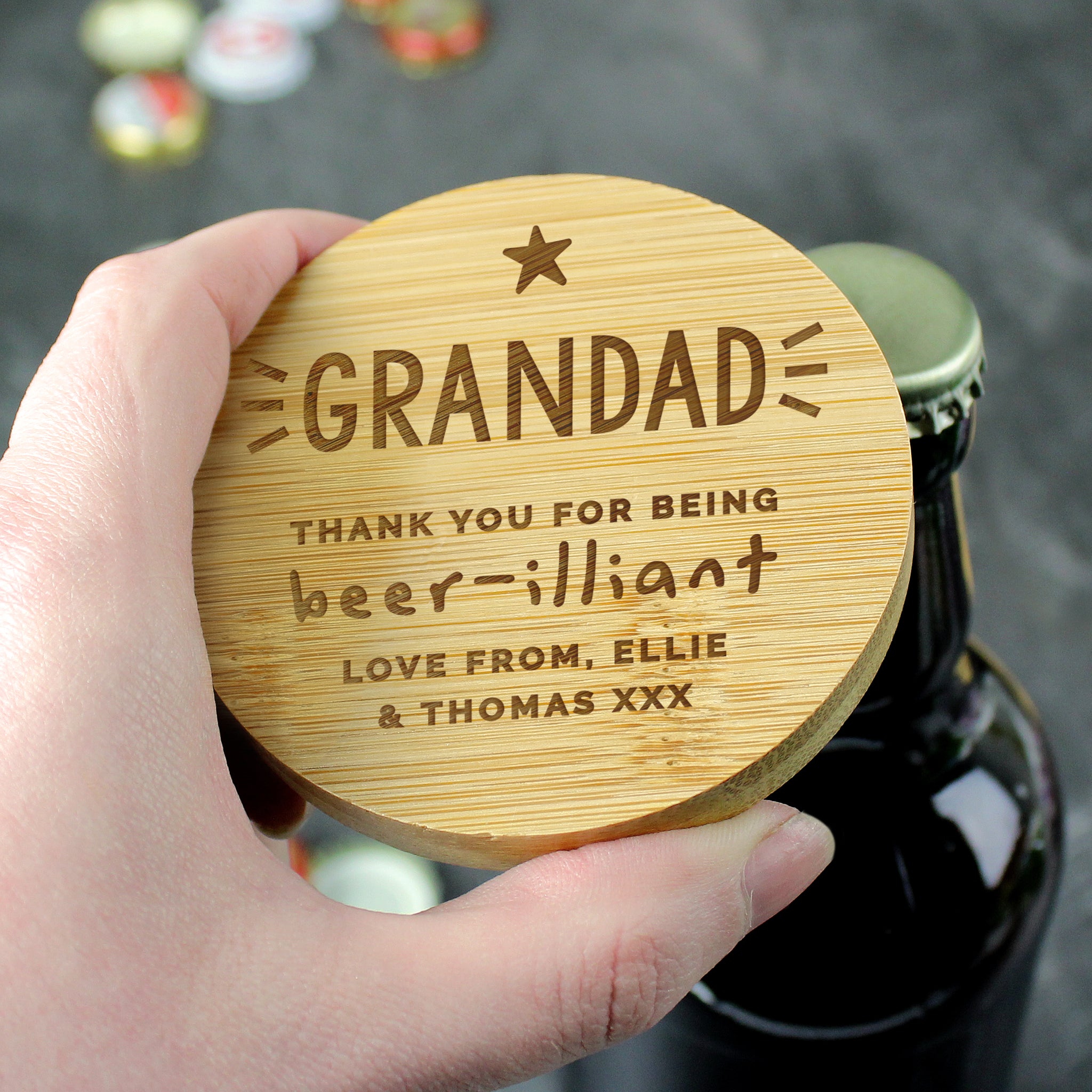 Personalised Star Bamboo Bottle Opener/Coaster