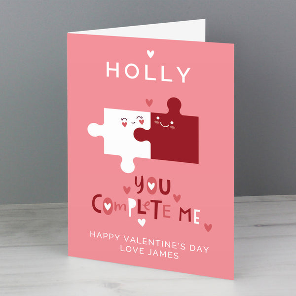 This cute card featuring jigsaw design and the wording 'You Complete Me' can be personalised with your own message