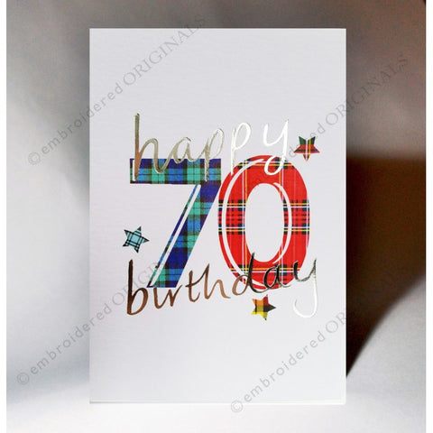  ***Price Includes Delivery *** Scottish birthday card featuring tartan number '70' The message on the front of the card reads: 'Happy 70 Birthday' Blank inside Designed and printed in Scotland Textured white card with embossed silver foil highlight Dimensions: A6 - 15cm x 10.5cm We can send direct to recipient free of charge including a handwritten message inside .... simply add a note to your order (from cart page) including your message.  